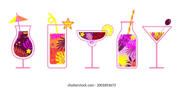 Summer alcoholic and non-alcoholic drinks. Glasses with drinks stylized as filled with tropical leaves. Hot season's lemonade and soda, smoothie, juice, shake, detox.Vector for web,design, print.