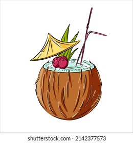 Summer alcoholic soft drink in coconut with straw and cherry. Stylish freehand drawing of a cocktail for menus and recipes vector illustration.