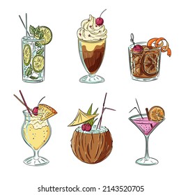 Summer alcoholic soft drinks with fruits and liquor. Stylish hand drawn set of cocktails for menu and recipes vector illustration.