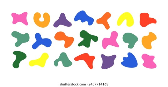 Summer algae elements for vector kids collage. Cutout Matisse-inspired blob shape kit. Collection of 21 quirky free form vibrant vintage colored cut out irregular shapes. Childish freeform stains