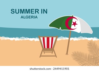 Summer in Algeria, beach chair and umbrella, vacation or holiday in Algeria, vacation concept vector design, summer holiday, sea sand sun, travel and tourism idea