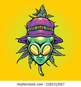 Summer alien head with weed leaf plant vector illustrations for your work logo, merchandise t-shirt, stickers and label designs, poster, greeting cards advertising business company or brands