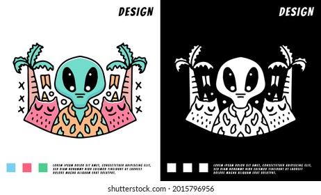 summer alien and sleeping cat cartoon. illustration for t shirt, poster, logo, sticker, or apparel merchandise.
