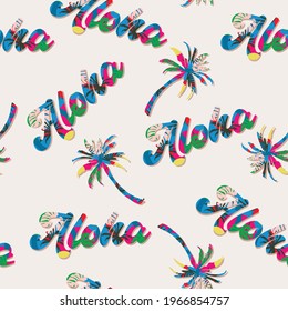 Summer " ALOHA" greeting typography fill in with colourful tropical vacation pattern and palm trees seamless pattern Design for fashion , fabric, textile, wallpaper, , wrapping and all prints 