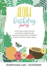 Summer Aloha party beach poster. Happy Birthday greeting or invitation card. Vector illustration