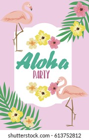 Summer Aloha party card with tropical flowers and exotic bird. Vector illustration