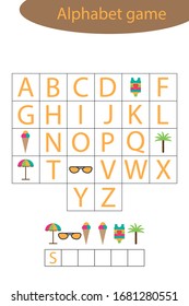 Summer alphabet game for children, make a word, preschool worksheet activity for kids, educational spelling scramble game for the development of children, vector illustration