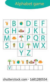 Sommeralphabet-Spiel für Kinder, ein Wort machen, Vorschulen-Arbeitsblatt-Aktivität für Kinder, pädagogisches Schreimopielspiel für die Entwicklung von Kindern, Vektorillustration-Illustration