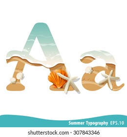 Summer alphabet Letter A. Seashells on the beach. Vector illustration.
