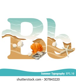 Summer alphabet Letter B. Seashells on the beach. Vector illustration.
