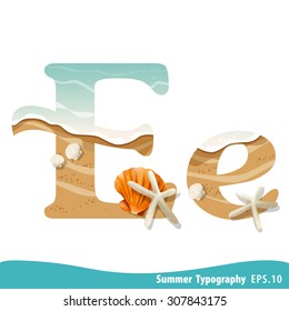 Summer alphabet Letter E. Seashells on the beach. Vector illustration.