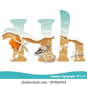 Summer alphabet Letter H. Seashells on the beach. Vector illustration.