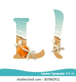 Summer alphabet Letter L. Seashells on the beach. Vector illustration.