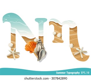Summer alphabet Letter N. Seashells on the beach. Vector illustration.