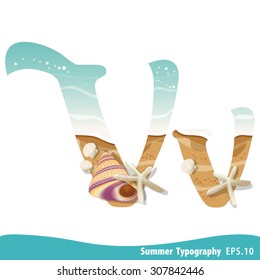 Summer alphabet Letter V. Seashells on the beach. Vector illustration.