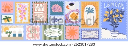 Summer in Amalfi or Sicily Italy. Vector illustration of postage stamps with image of sun, lemons, sardines, fish and breakfast in cafe for poster, placard print. Mediterranean vacation element.