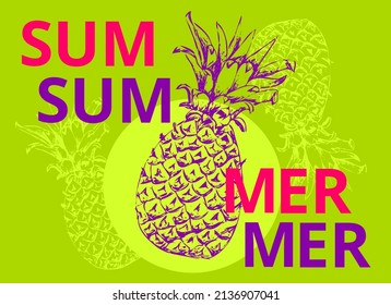 Summer ananas print. Color background 
with silhouette fruit. Vector hand drawn vintage sketch. Eps design template for t shirt, wallpaper, label, card, poster, banner, pattern