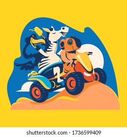 	
Summer animal illustration. Zebra, Flamingo, and Koala playing ATV explore the beach