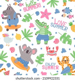 Summer animal surfers and tropical leaves seamless pattern. Crocodile, koala with surfboard, crab, fish and hippo on skate, kid vector print. Characters having vacation activities textile