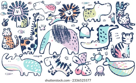 Juego de camisetas tropicales con animales de verano. Animales africanos y marinos impresos. Diseño de niños de vacaciones en la playa. Cintas exóticas, safari en la jungla. Chigüiro, elefante, jirafa, león, mariposa, ballena, caballito de mar, cangrejo