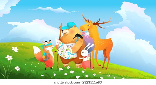 Summer Animals Adventures with Cute Bear Moose Bunny and Fox. Hiking and Exploring Nature, storytelling illustration for kids in watercolor style. Wildlife vector cartoon for children.