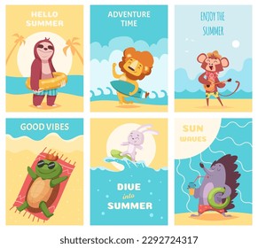 Summer animals cards. Cute wild cartoon animals in swiming suit exact vector print design template of placards