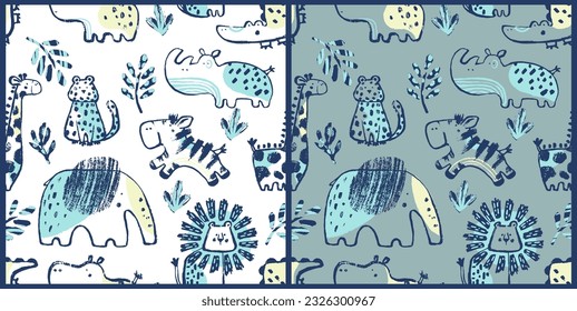 Summer animals tropical seamless pattern. Hand drawn african . Beach vacation background design, savannah textile print. Zebra, elephant, lion, crocodile. Exotic wallpaper, baby apparel safari motif