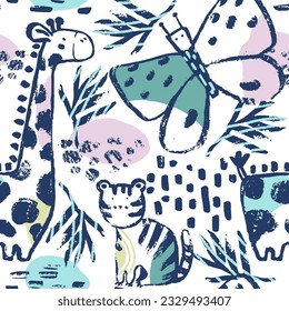 Summer animals tropical seamless pattern. Hand drawn african print . Beach vacation background design, savannah textile. Giraffe, tiger, butterfly exotic wallpaper, baby apparel jungle safari motif