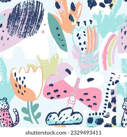 Summer animals tropical seamless pattern. Hand drawn african print . Beach vacation background design textile. Elephant giraffe, butterfly, cheetah, exotic wallpaper, baby apparel safari motif