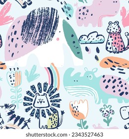 Summer animals tropical seamless pattern. Hand drawn african . Beach vacation background design, savannah textile print. Elephant, hippo, lion, cheetah. Exotic wallpaper, baby apparel safari motif