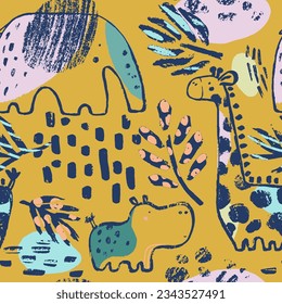 Summer animals tropical seamless pattern. Hand drawn african safari. Beach vacation background design savannah textile print. Elephant, hippopotamus, giraffe. Exotic wallpaper, baby apparel rain motif