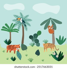 Summer animals tropical seamless pattern. Hand drawn african. Beach vacation background design, savannah textile print. elephant, hippo,  Exotic wallpaper, baby apparel safari motif