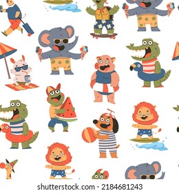 Summer animals vector cartoon seamless pattern background for wallpaper, wrapping, packing, and backdrop.