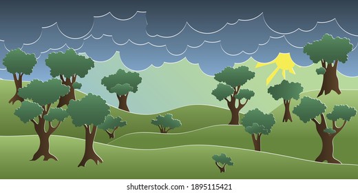 Summer animated landscape with trees and clouds