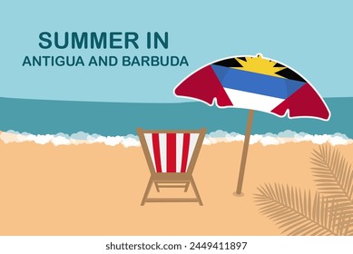 Summer in Antigua And Barbuda, beach chair and umbrella, vacation or holiday in Antigua And Barbuda, vacation concept vector design, summer holiday, sea sand sun, travel and tourism idea