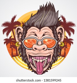 SUMMER APE CHIMPANZEE HEAD SMILE FACE WITH COCONUT TREE VECTOR