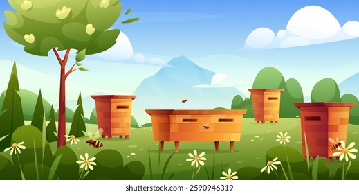 Summer apiary landscape. Vector illustration of bee farm with beehive boxes, meadow, blossom flowers, bees, fields, garden, forest. Summer rural countryside panorama. Wild nature. Sunny spring day 