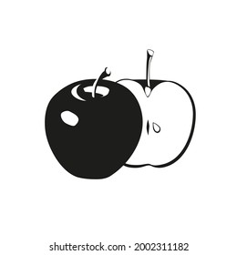 Summer apple silhouette fruit for health. Black apple icon whole and cut into slice on white background. Cartoon flat vector illustration.