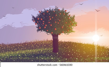 Summer. Apple tree on a hill with flowers at sunset. Birds flying in the clouds.