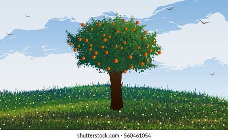 Summer. Apple tree on a hill with flowers. Birds flying in the clouds.