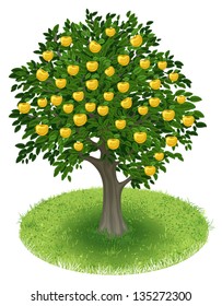 Summer Apple Tree With Yellow Apple Fruits In Green Field, Illustration