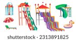 Summer aqua park with water slides, spiral tube, inflatable ring, fountain and lounge chair with umbrella. Amusement aquapark with equipment for swim and play, vector cartoon set