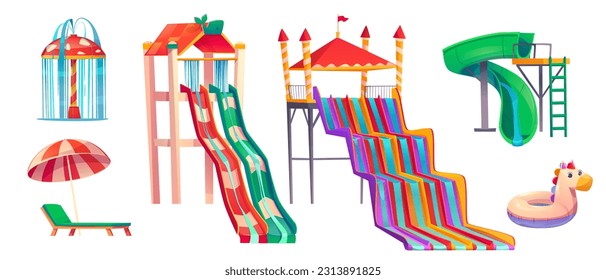 Summer aqua park with water slides, spiral tube, inflatable ring, fountain and lounge chair with umbrella. Amusement aquapark with equipment for swim and play, vector cartoon set