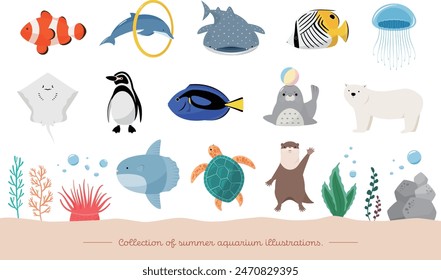 Summer aquarium clip art set: cute creatures - fish, penguins, dolphins, etc.