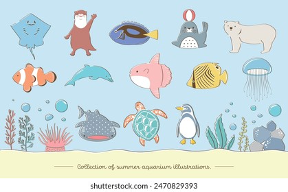 Summer aquarium illustration set: fashionable and cute hand-drawn creatures - fish, penguins, etc.