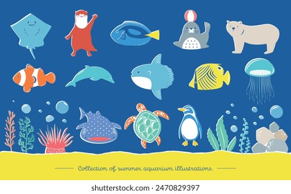 Conjunto de ilustración de acuario de verano: criaturas dibujadas a mano de moda y lindas - peces, pingüinos, etc.