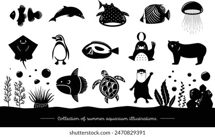 Summer aquarium silhouette icon illustration set: cute creatures - fish, penguins, dolphins, etc.