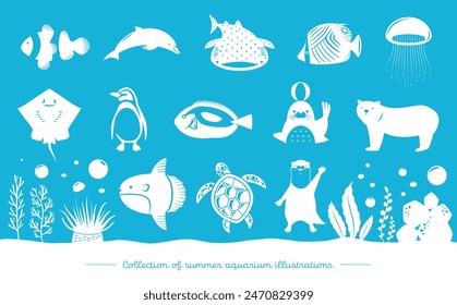 Summer aquarium silhouette icon illustration set: cute creatures - fish, penguins, dolphins, etc_white