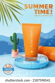 Summer aquatic sunscreen product ad. Orange sunblock tube in pool ring with cactus and sea waves in 3d illustration. Sea life line art drawn in scene on blue background