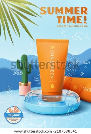 Summer aquatic sunscreen product ad. Orange sunblock tube in pool ring with cactus and sea waves in 3d illustration. Sea life line art drawn in scene on blue background